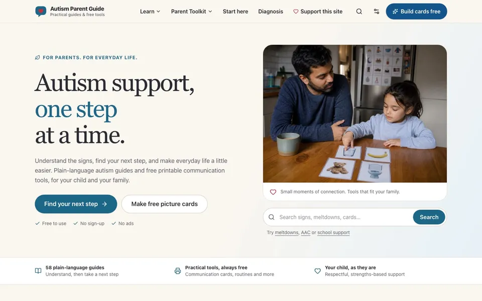Autism Parent Guide homepage with plain-language guides, picture cards and search