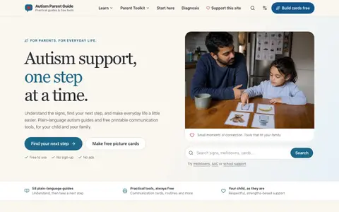 Autism Parent Guide homepage with plain-language guides, picture cards and search