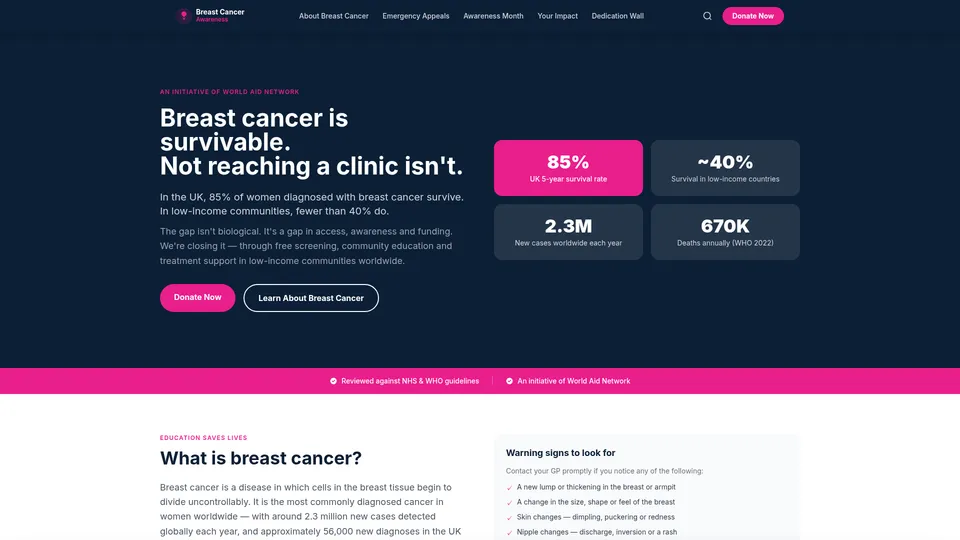 Breast Cancer Charity homepage — an awareness and fundraising initiative with survival statistics and donation prompts