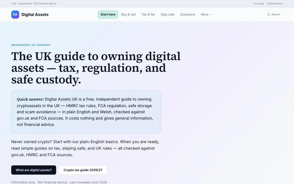 Digital Assets UK homepage with a quick answer on crypto tax, regulation and custody
