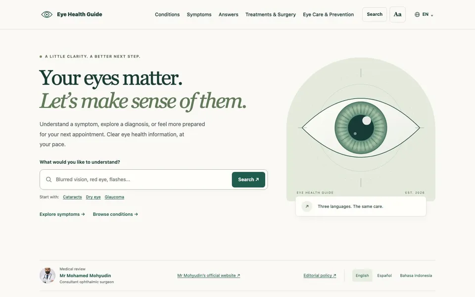 Eye Health Guide homepage with symptom search and consultant ophthalmic surgeon review
