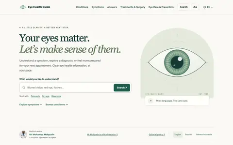 Eye Health Guide homepage with symptom search and consultant ophthalmic surgeon review