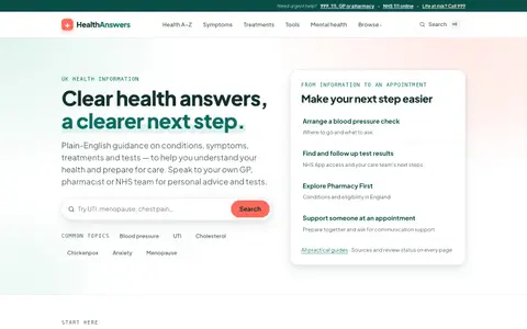HealthAnswers homepage with health search, common topics and next-step guidance panel