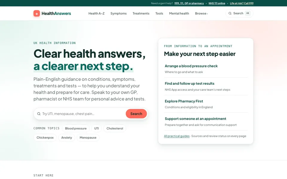 HealthAnswers homepage with health search, common topics and next-step guidance panel