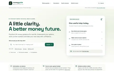 Money Guide homepage with UK money search and a useful-step-today panel
