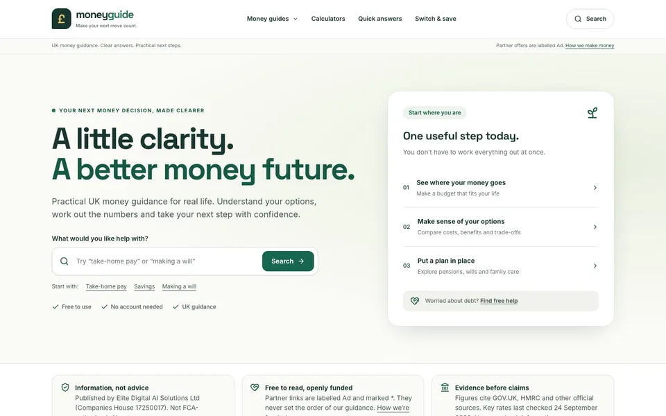 Money Guide homepage with UK money search and a useful-step-today panel