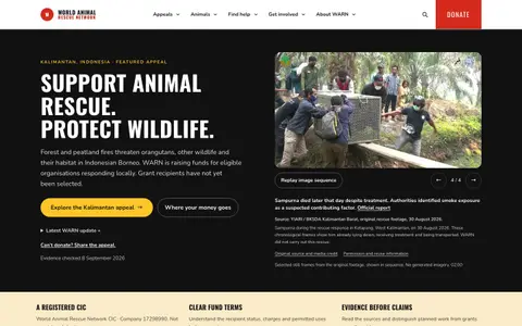World Animal Rescue Network homepage showing the Kalimantan wildlife appeal and sourced rescue footage