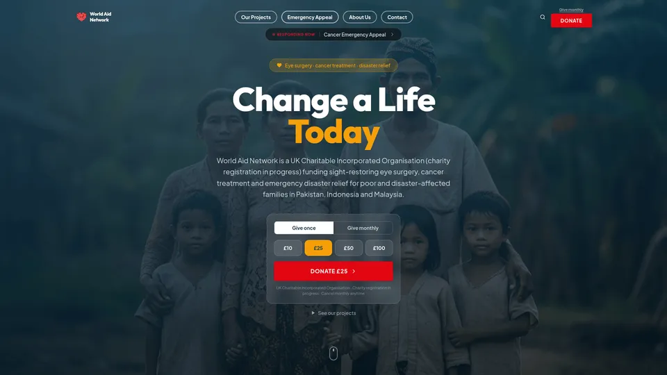 World Aid Network website with one-off and monthly donation options